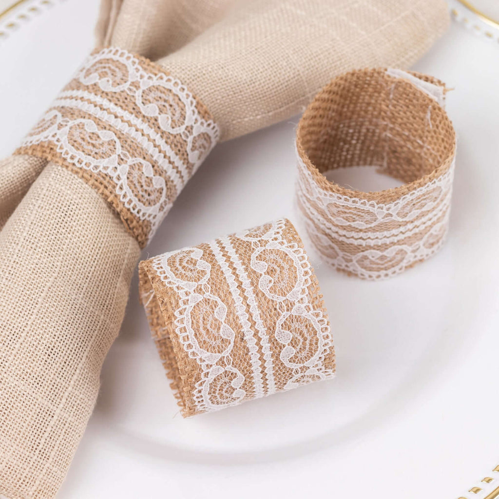 Rustic Boho Burlap Lace Napkin Rings | TableclothsFactory