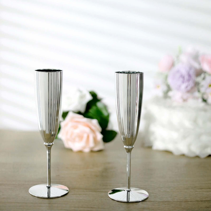 6 Pack | Silver 5oz Plastic Champagne Flutes, Disposable Glasses For Champagne