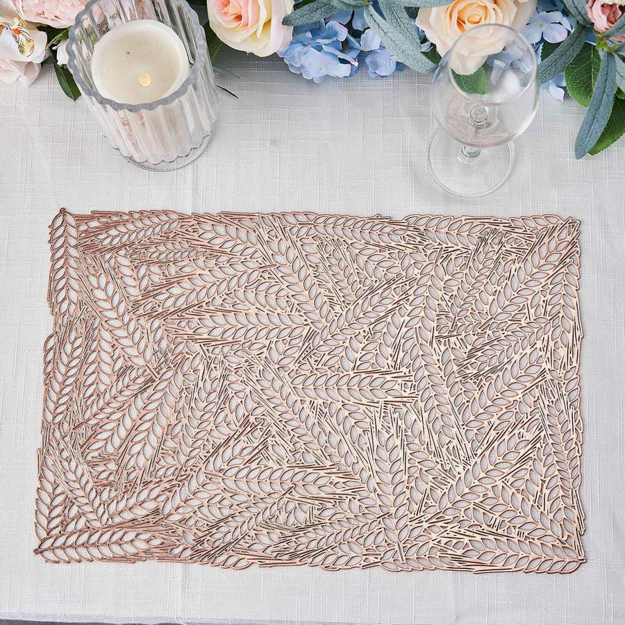 6 Pack Rose Gold Metallic Vinyl Placemats, Non-Slip Wheat Design Rectangle Table Mats 12"x18"