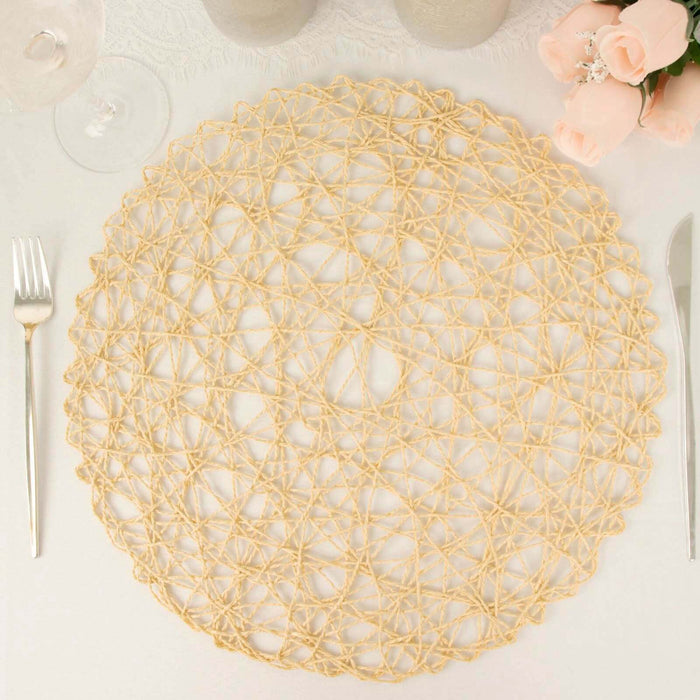 6 Pack | 15inch Beige Paper Fiber Woven Placemats, Round Table Mats