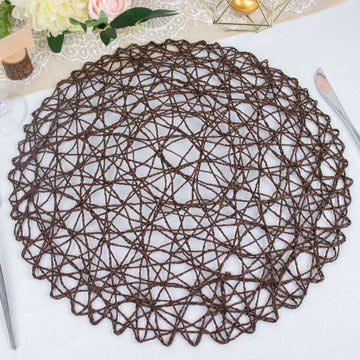 6-Pack Table Placemats Woven Fiber Design Dark Brown Round - Disposable Mats for Dining and Events 15"