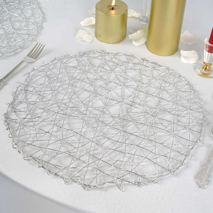 6 Pack | 15inch Silver Metallic String Woven Placemats, Round Table Mats