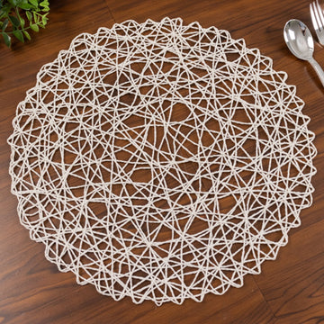 6-Pack Table Placemats Woven Fiber Design White Round - Disposable Mats for Dining and Events 15"