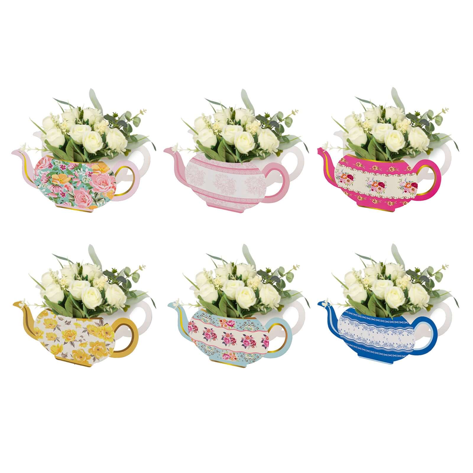 6 Pack Vintage Mixed Paper Teapot Favor Boxes with Floral Design, Flower Boxes Centerpiece Tea Party Decorations - 10"x3.5"x5"