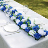 6 Pack White Royal Blue Silk Rose Flower Panel Table Runner, Artificial Floral Arrangements