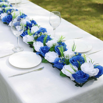 6 Pack White Royal Blue Silk Rose Flower Panel Table Runner, Artificial Floral Arrangements Wedding Table Centerpiece - 20"x8"