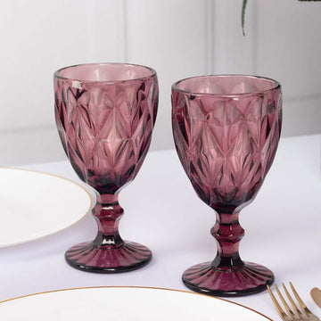 6-Pack Wine Glasses Dusty Rose Embossed Crystal Cut Design Stemmed - Colored Goblets for Parties & Events 12oz 7"