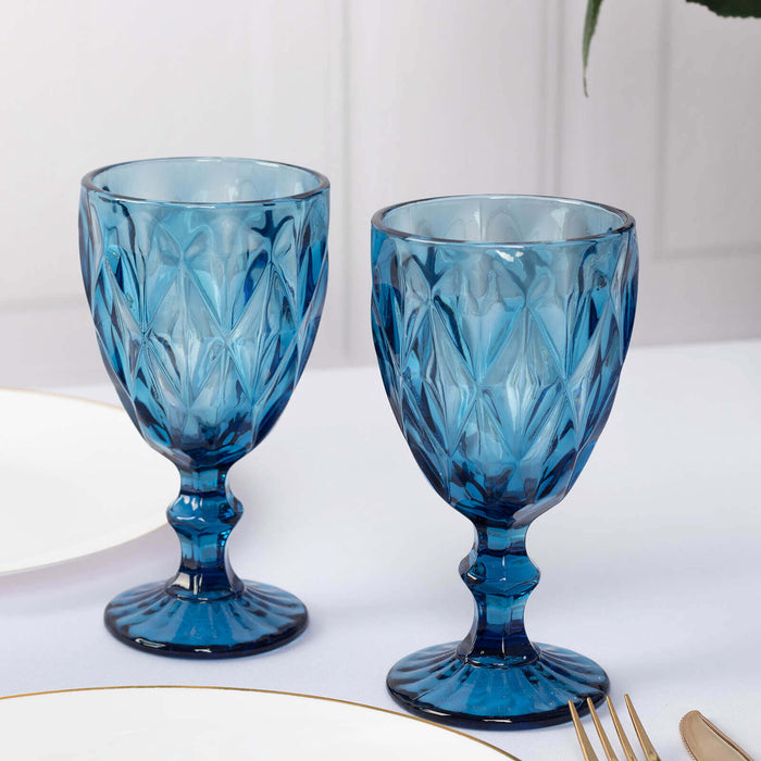 6 Pack Ocean Blue Crystal Cut Cocktail Glasses, 12oz Embossed Stemmed Wine Glasses Goblets