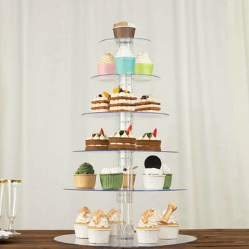 6-Tier Acrylic Round Cupcake Stand Clear - Heavy Duty Reusable Dessert Tower Holder Pastry Display with Film Sheets for Special Events & Catering Displays 22"