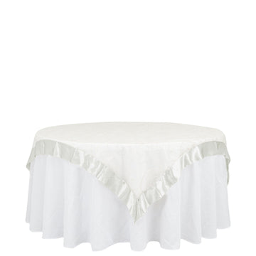 60"x60" Ivory Embroidered Sheer Organza Square Table Overlay With Satin Edge