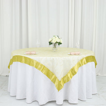 60"x60" Yellow Embroidered Sheer Organza Square Table Overlay With Satin Edge