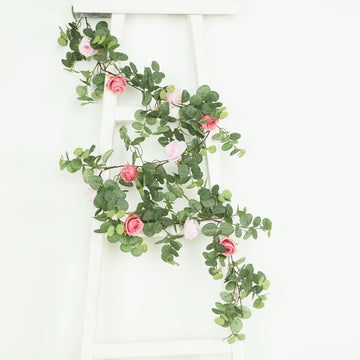 6ft Artificial Eucalyptus Garland with Blush/Dusty Rose Silk Roses – Faux Greenery Vine
