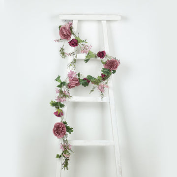 6ft Dusty Rose Silk Rose Peony Flower Garland, Mixed Floral Greenery Garland Artificial Hanging Vine