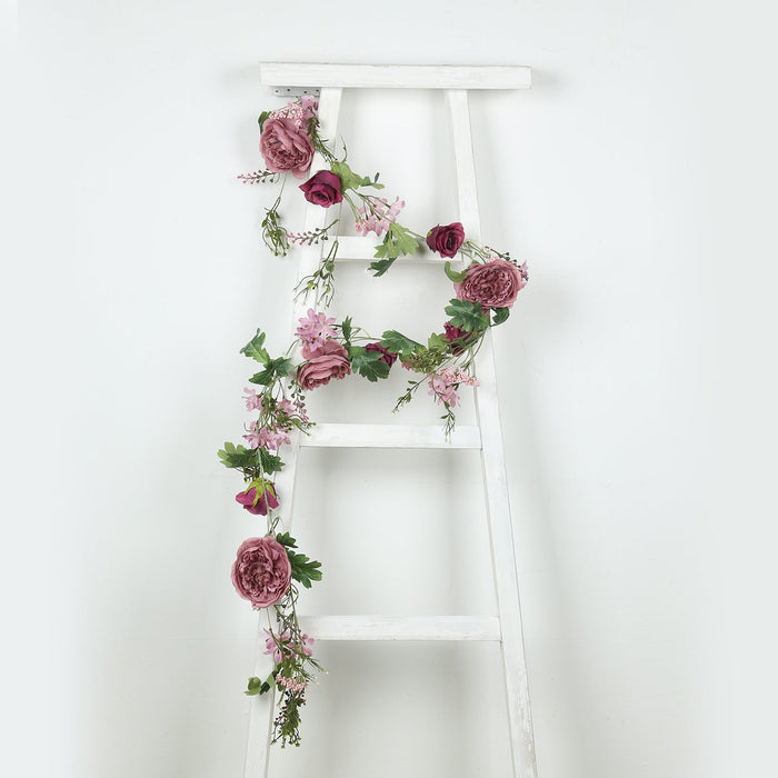 6ft Dusty Rose Silk Rose Peony Flower Garland, Mixed Floral Greenery Garland