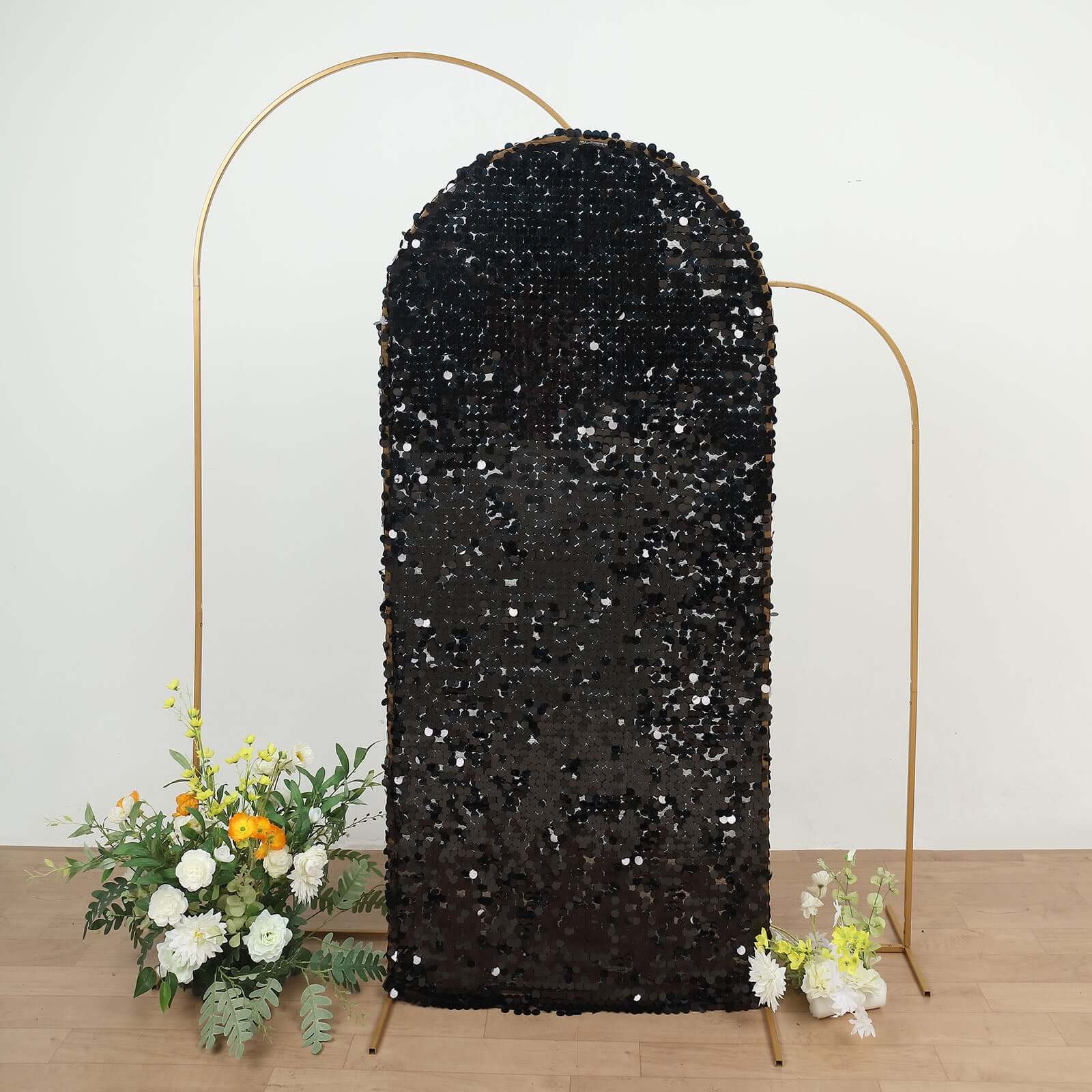 6ft Sparkly Black Double Sided Big Payette Sequin Chiara Backdrop Stand Cover For Fitted Round Top Wedding Arch