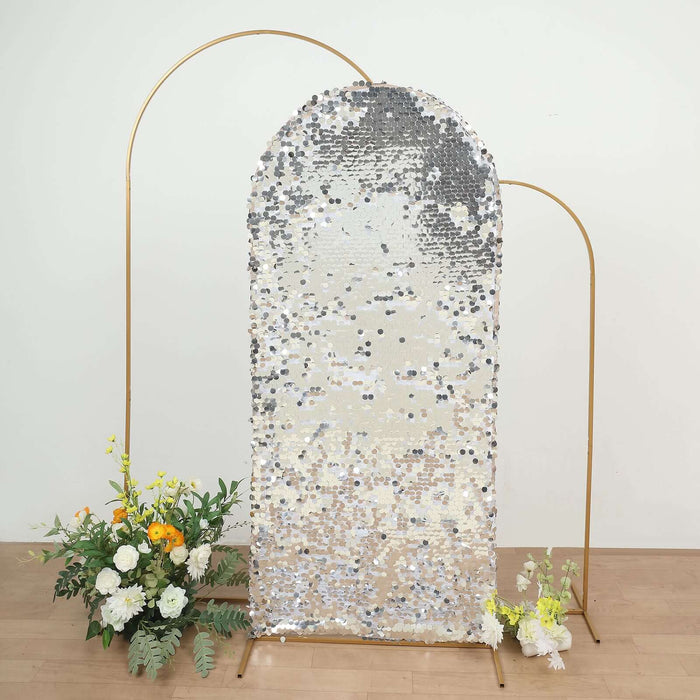 6ft Sparkly Silver Double Sided Big Payette Sequin Chiara Backdrop Stand Cover For Fitted Round Top