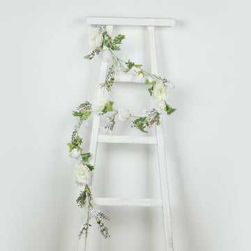 6ft White Silk Rose Peony Flower Garland, Mixed Floral Greenery Garland Artificial Hanging Vine