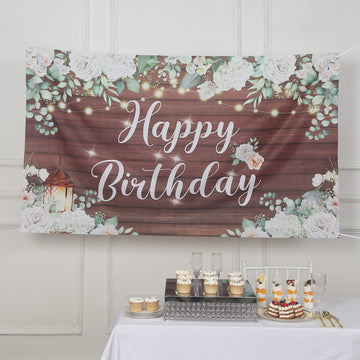 6ftx3ft White Brown Rustic Wood Floral Happy Birthday Photo Backdrop, Large Polyester Background Banner