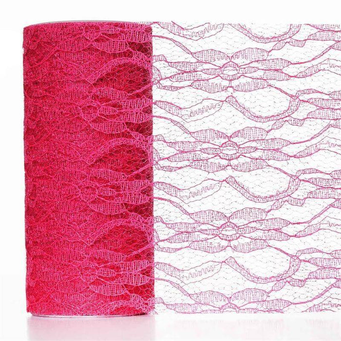 6"X10 Yards Fuchsia Floral Lace Shimmer Glitter Tulle Fabric Bolts - Clearance SALE