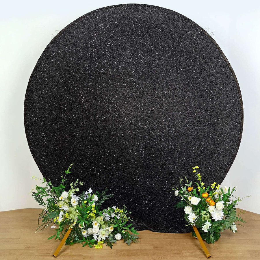 7.5ft Black Metallic Shimmer Tinsel Spandex Round Backdrop, 2-Sided Wedding Arch Cover