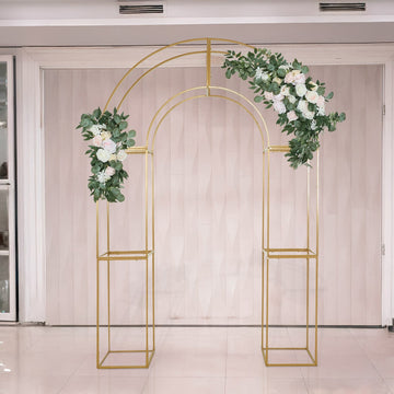 7.5ft Gold 3D Metal Wedding Arch Backdrop Stand with Round Top, Heavy-Duty Floral Balloon Frame for Elegant Parties