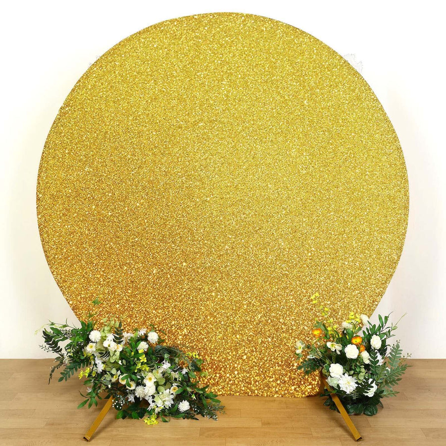 7.5ft Gold Metallic Shimmer Tinsel Spandex Round Backdrop, 2-Sided Wedding Arch Cover