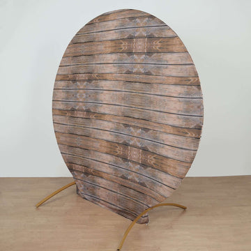 7.5ft Rustic Brown Wood Round Spandex Fit Party Backdrop Stand Cover