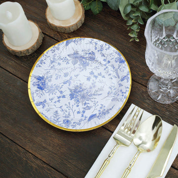 25 Pack | 7" Blue Chinoiserie Floral Disposable Salad Plates with Gold Rim, Round Paper Appetizer Dessert Plates