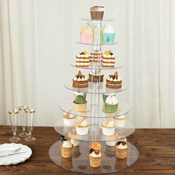 7-Tier Acrylic Round Cupcake Stand Clear - Sleek Heavy Duty Dessert Tower Holder Pastry Display with Film Sheets for Special Events & Catering Displays 26"