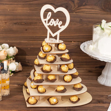 7-Tier Wooden Chocolate Display Stand Heart Shape Natural with "Love" Topper - DIY Dessert Table Tower Rack 16"