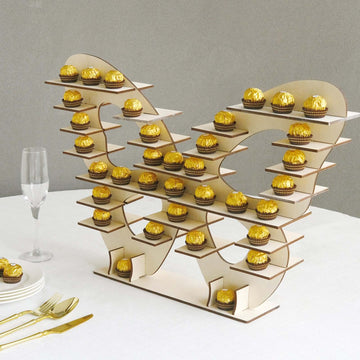 7-Tier Wooden Dessert Display Stand Butterfly Shaped Design Natural - Double Sided Cupcake Holder Shelf Rack 25"