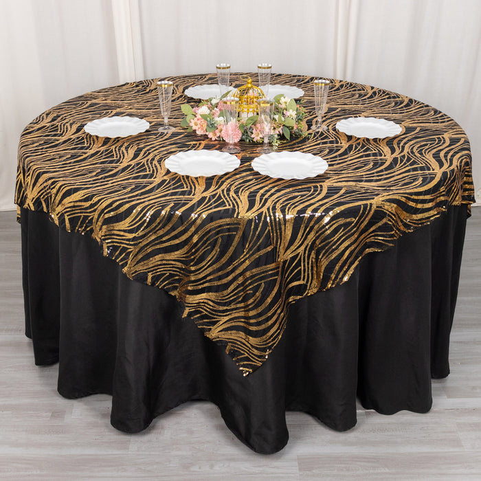 72x72inch Black Gold Wave Mesh Square Table Overlay With Embroidered Sequins