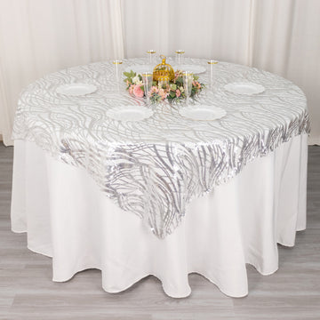 72"x72" Silver Wave Mesh Square Table Overlay With Embroidered Sequins