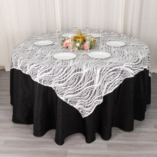 Elevate Your Event with the 72"x72" White Black Wave Mesh Square Table Overlay