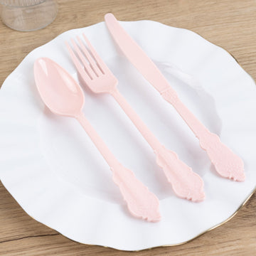 72 Pcs Plastic Silverware Set in Baroque Style Blush - Heavy Duty Disposable Knife, Fork, and Spoon Set