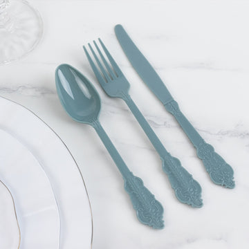 72 Pcs Plastic Silverware Set in Baroque Style Dusty Blue - Heavy Duty Disposable Knife, Fork, and Spoon Set