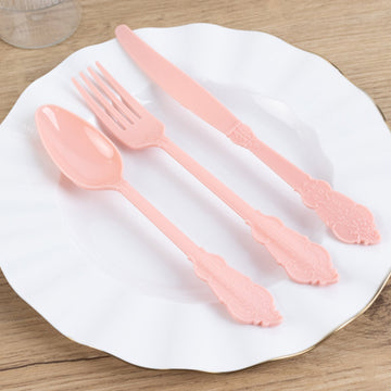 72 Pcs Plastic Silverware Set in Baroque Style Dusty Rose - Heavy Duty Disposable Knife, Fork, and Spoon Set