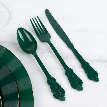 72 Pcs Plastic Silverware Set in Baroque Style Hunter Emerald Green - Heavy Duty Disposable Knife, Fork, and Spoon Set