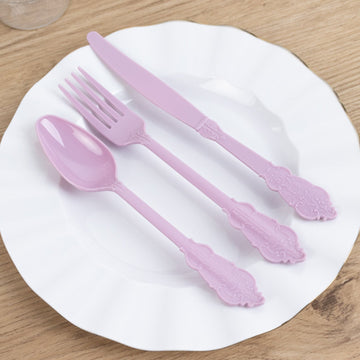 72 Pcs Plastic Silverware Set in Baroque Style Lavender Lilac - Heavy Duty Disposable Knife, Fork, and Spoon Set