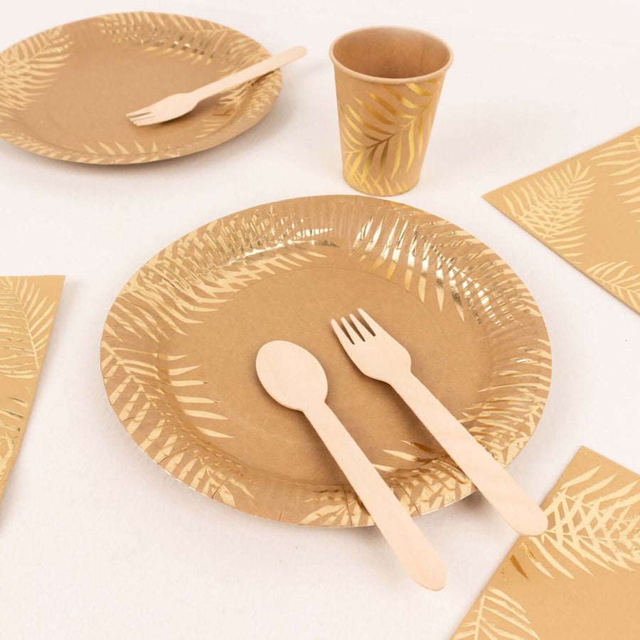 72 Pcs Natural Disposable Dinnerware Set With Gold Foil Palm Leaves Print