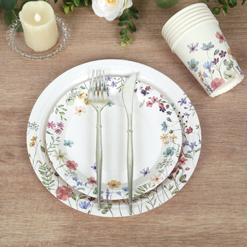 72 Pcs Paper Plates and Cups Set in White with Wildflower Butterfly Print - Disposable Party Supplies for Spring & Garden Themes