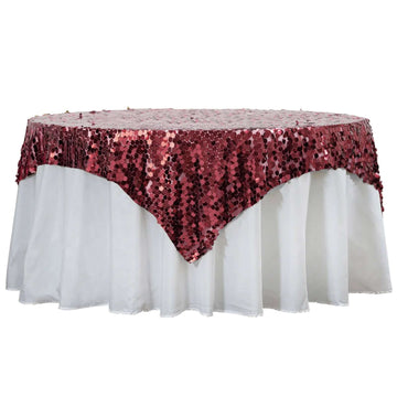 72"x72" Burgundy Big Payette Sequin Square Table Overlay