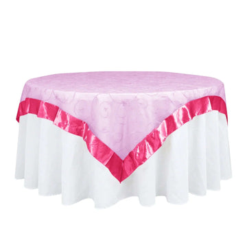 72"x72" Fuchsia Embroidered Sheer Organza Square Table Overlay With Satin Edge