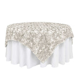 72x72inch Ivory 3D Rosette Satin Table Overlay, Square Tablecloth Topper