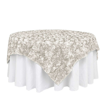 72"x72" Ivory 3D Rosette Satin Square Table Overlay