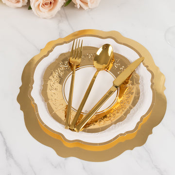 75 Pcs Paper Charger Plates with Gold Embossed Scalloped Rim White - Heavy Duty Disposable Dinner and Salad Plates 8",10",13"