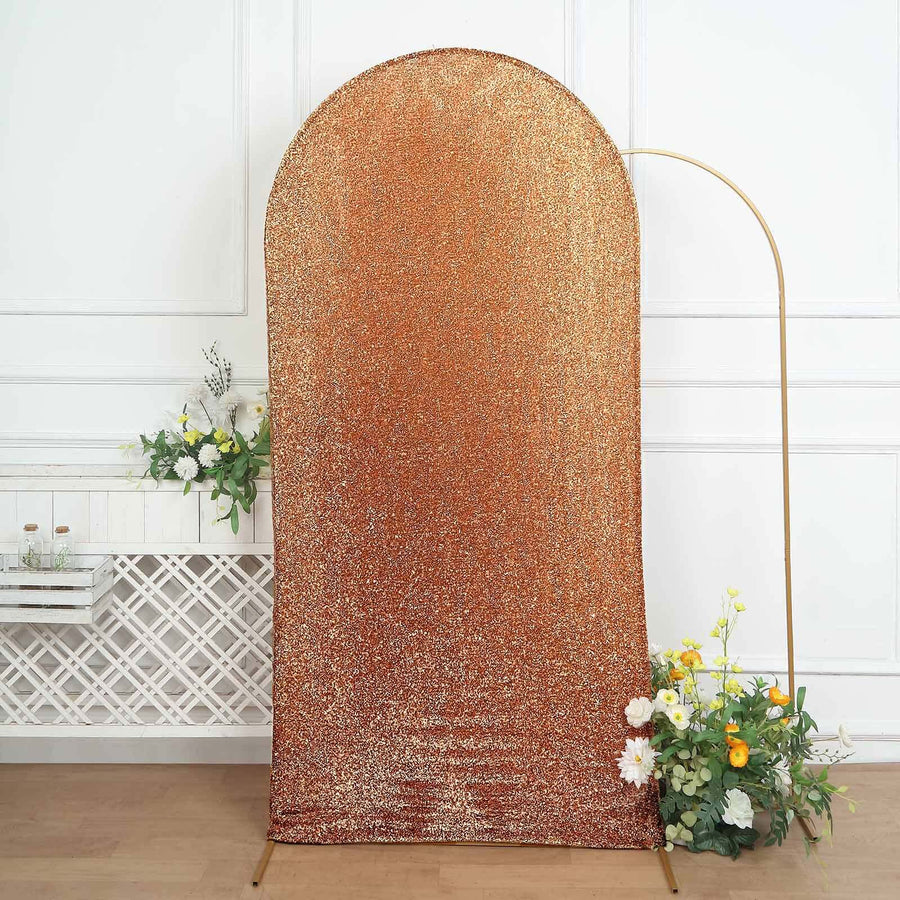 7ft Gold Shimmer Tinsel Spandex Chiara Backdrop Stand Cover Fitted Round Top Wedding Arch