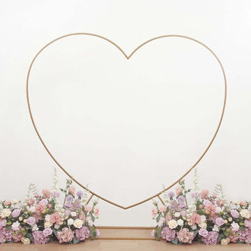 7ft Heavy Duty Gold Metal Heart Shape Photo Backdrop Stand, Wedding Arch Floral Balloon Frame with Sturdy Rectangular Base