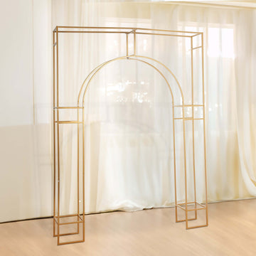 8ft Heavy Duty Gold Metal Rectangular Wedding Arch in Arc de Triomphe Style, 3D Floral Balloon Frame Backdrop Stand