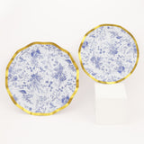 25 Pack | 8inch White / Blue Chinoiserie Disposable Salad Plates With Gold Wavy Rim Floral